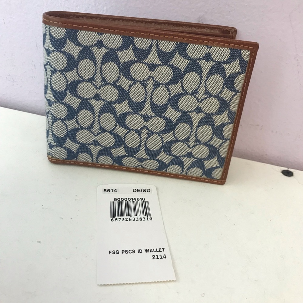 Coach blue logo / tan leather bifold  ID wallet NWT